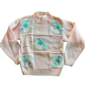 VTG 80’S Knit Sweater Sz M Pastel Pink Fuzzy Snowflake Mock Neck Chunky Cottage